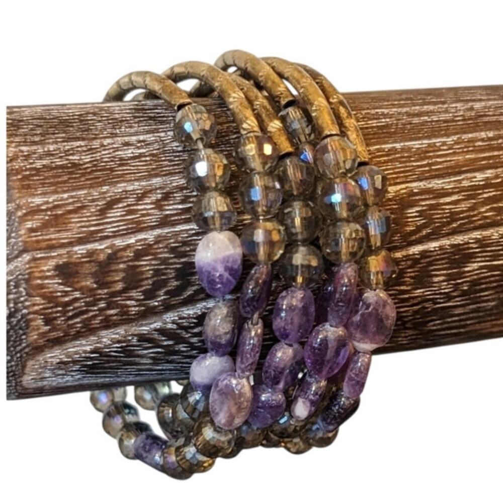 Amethyst Stone Smokey Purple Crystal Wire Boho Coil Bracelet